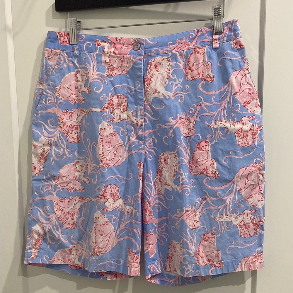 Key West Boutique Shorts with Pockets, Blue with Pink Monkey Graphic Print SZ 12